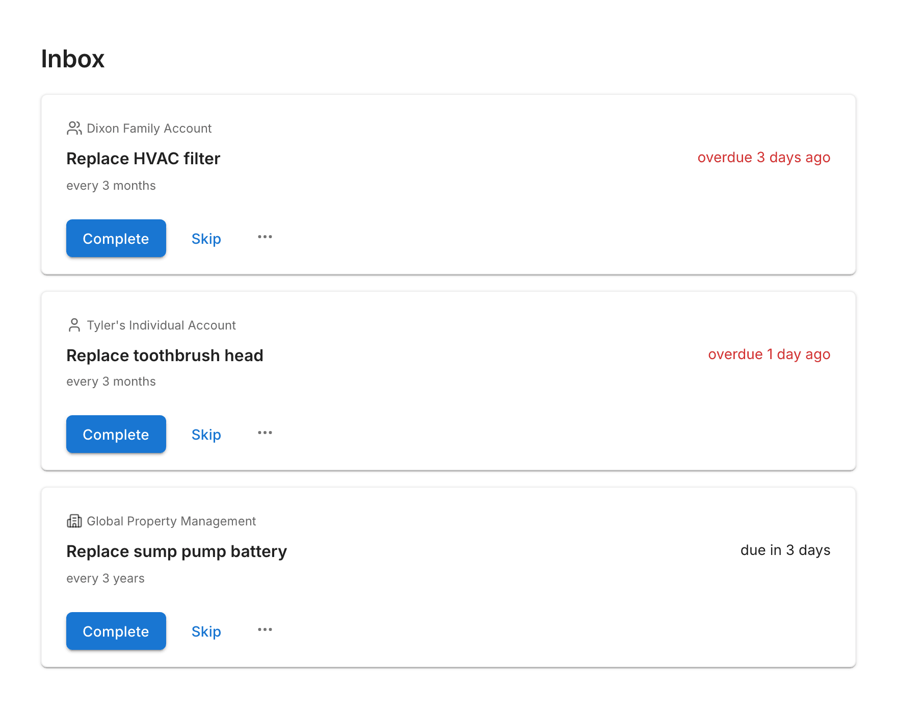 Useful Routine inbox showing three routines with their account, cadence, due state, and completion controls