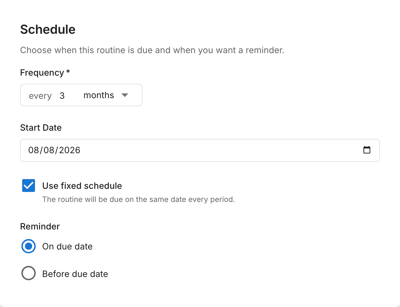 Useful Routine schedule settings showing a quarterly fixed schedule